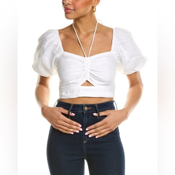 NWT BODEN 100% LINEN Halter Neck Cut Out Crop Top Puff Sleeve Smocked Back Sz 6 - Picture 1 of 12